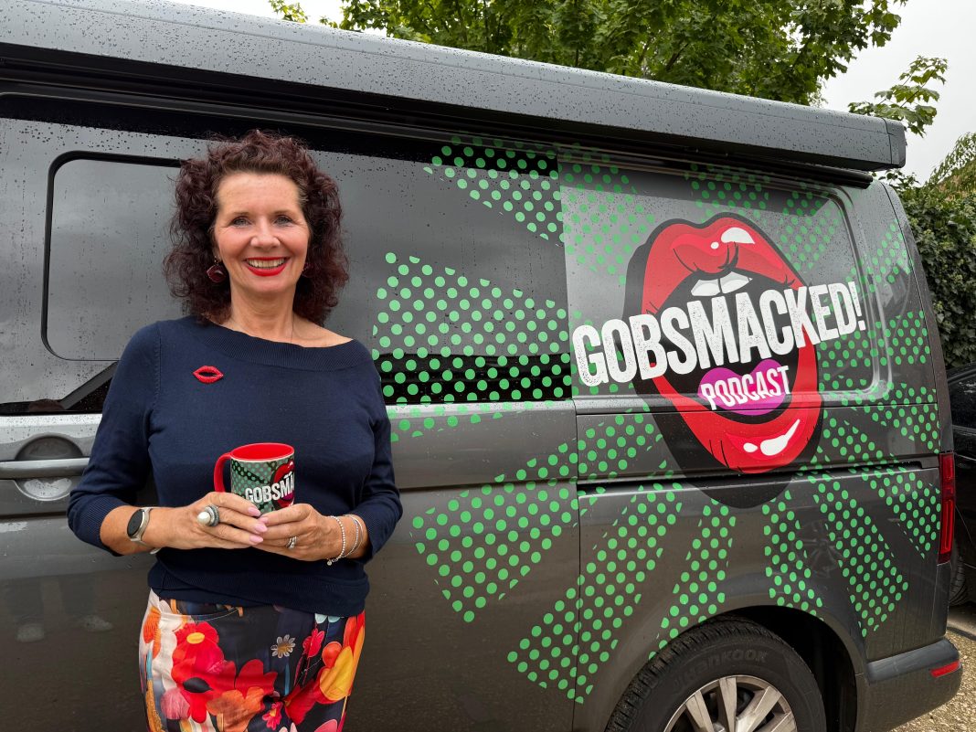 Catherine pictured sith the van Catherine Williamson, Gobsmacked!, podcast van