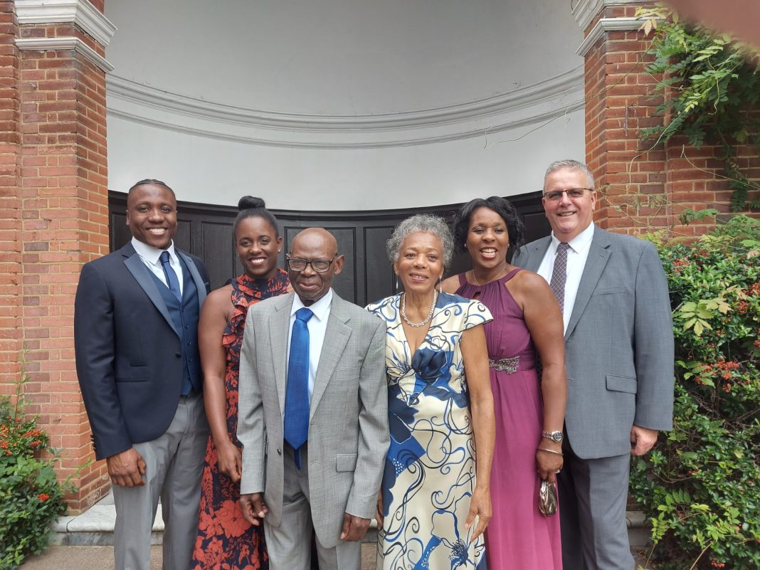 Elaine is pictured with her Son Lewis, Daughter Madison, Dad Colin, Mom Leah, and Husband Phil Windrush, podcast, Nikki Tapper MBE, Walsall Black Sisters Collective